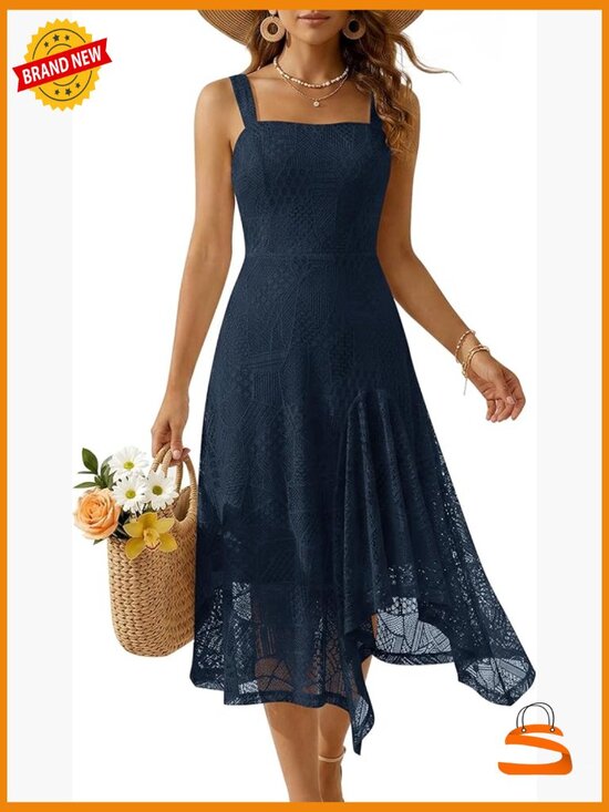 Dresses & Skirts - Sleeveless Lace Fit & Flare Midi Dress with Side Slit - Lightweight